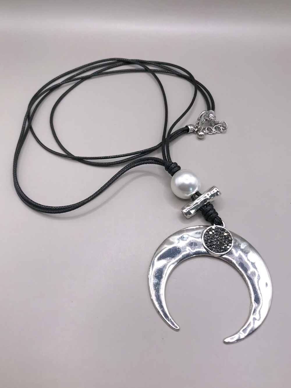 Hammered Silver-Tone Crescent Pendant Necklace with Black Cord & Faux Pearl
